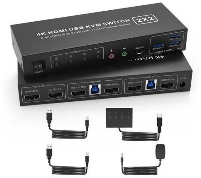 Main image of USB 3.0 HDMI KVM Switch 2 Montiors 2 Computers, 4K@60Hz KVM Switch Dual Monitor with 3 USB 3.0 Ports and Audio, 2 Port KVM Switch with Dual Monitor Cross Display for 2 Computers
