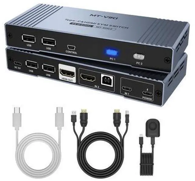 Main image of MT-VIKI 4K Hybrid Type USB C HDMI KVM Switch 2 Port, 4K@60Hz for Apple MacBook & Desktop PC + 65W PD+ Cables