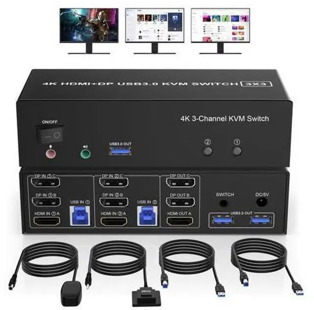 Main image of HDMI + 2 Displayport 3 Monitor KVM Switch USB 3.0 for 2 Computers, 4K@60Hz Triple Monitor KVM Switch with Audio and 3 USB 3.0 Ports, 2 Computers Share 3 Monitors Keyboard Mouse Switcher