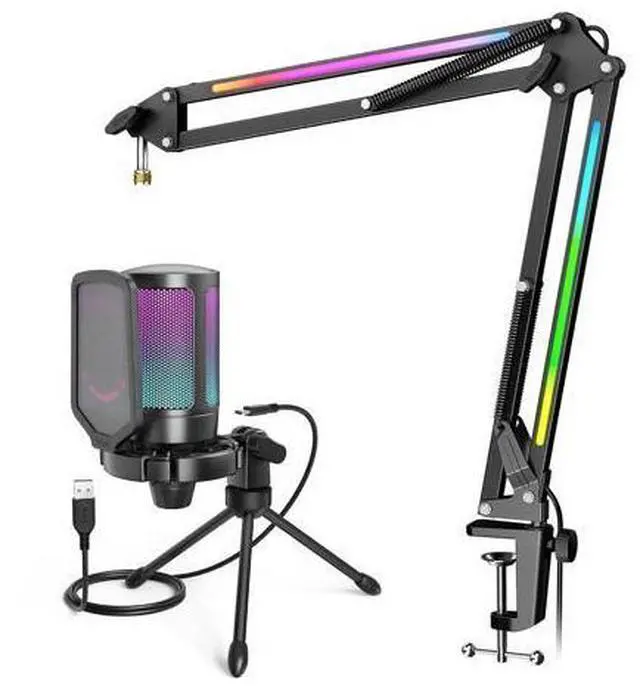 Main image of Deuninker USB Gaming Microphone Bundle, Condenser PC Mic with RGB Control, Boom Arm Stand, Gain Knob, Mute Button, Metal Boom Arm with 3/8 to 5/8 Adapter for Streaming YouTube Video (A6V+BM38)