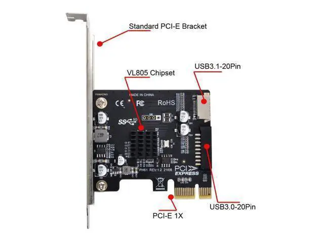 Alt view image 4 of 5 - ChenYang USB 3.0 20Pin USB 3.1 Gen 1 Type-E Front Panel Socket to PCI-E 1X PCI Express Expansion Card Adapter