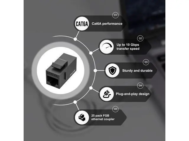 Alt view image 4 of 7 - 10 Gbps CAT6A RJ45 Keystone Coupler 25-Pack, CAT6A Keystone Jack, Ethernet Coupler Female to Female UTP for Cat6a/Cat6/Cat5e/Cat5, Black