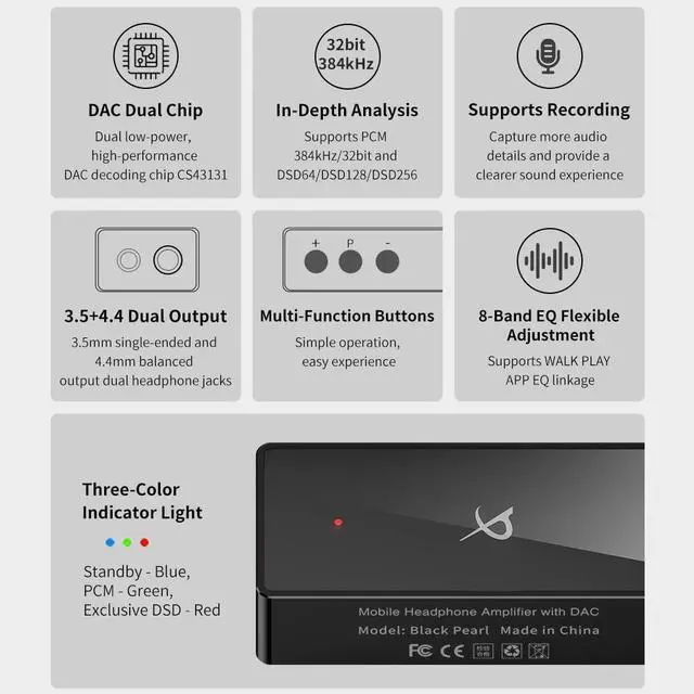 Alt view image 3 of 7 - TRN Black Pearl Portable Hi Fi Digital Audio Decoder 3.5+4.4 Output Dual CS43131 PCM 384kHz 32Bit DSD256 DAC Headphone Amplifier