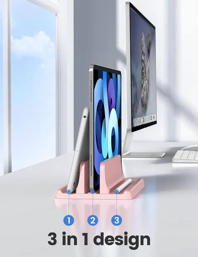 Alt view image 2 of 7 - Vertical Laptop Stand Holder Plastic Adjustable Desktop Notebook Dock Space-Saving 3 in 1 for All MacBook Pro Air, Mac, HP, Dell, Microsoft Surface, Lenovo, up to 17.3 inches (Pink)