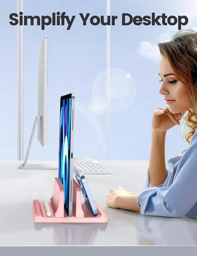 Alt view image 6 of 7 - Vertical Laptop Stand Holder Plastic Adjustable Desktop Notebook Dock Space-Saving 3 in 1 for All MacBook Pro Air, Mac, HP, Dell, Microsoft Surface, Lenovo, up to 17.3 inches (Pink)