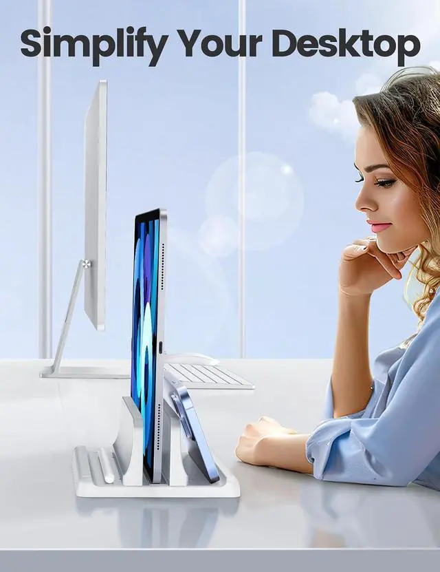 Alt view image 6 of 7 - Vertical Laptop Stand Holder Plastic Adjustable Desktop Notebook Dock Space-Saving 3 in 1 for All MacBook Pro Air, Mac, HP, Dell, Microsoft Surface, Lenovo, up to 17.3 inches (White)
