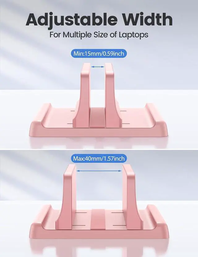 Alt view image 7 of 7 - Vertical Laptop Stand Holder Plastic Adjustable Desktop Notebook Dock Space-Saving 3 in 1 for All MacBook Pro Air, Mac, HP, Dell, Microsoft Surface, Lenovo, up to 17.3 inches (Pink)