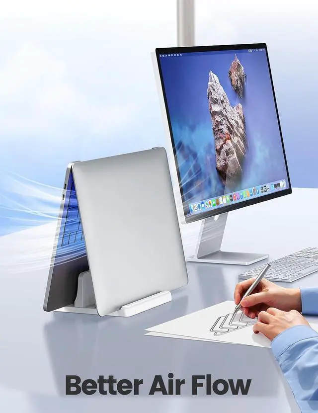 Alt view image 3 of 7 - Vertical Laptop Stand Holder Plastic Adjustable Desktop Notebook Dock Space-Saving 3 in 1 for All MacBook Pro Air, Mac, HP, Dell, Microsoft Surface, Lenovo, up to 17.3 inches (White)