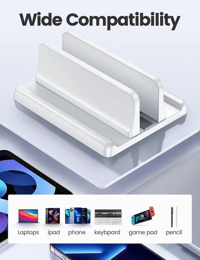 Alt view image 5 of 7 - Vertical Laptop Stand Holder Plastic Adjustable Desktop Notebook Dock Space-Saving 3 in 1 for All MacBook Pro Air, Mac, HP, Dell, Microsoft Surface, Lenovo, up to 17.3 inches (White)