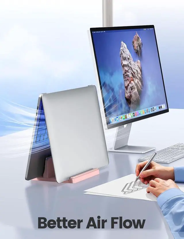Alt view image 3 of 7 - Vertical Laptop Stand Holder Plastic Adjustable Desktop Notebook Dock Space-Saving 3 in 1 for All MacBook Pro Air, Mac, HP, Dell, Microsoft Surface, Lenovo, up to 17.3 inches (Pink)