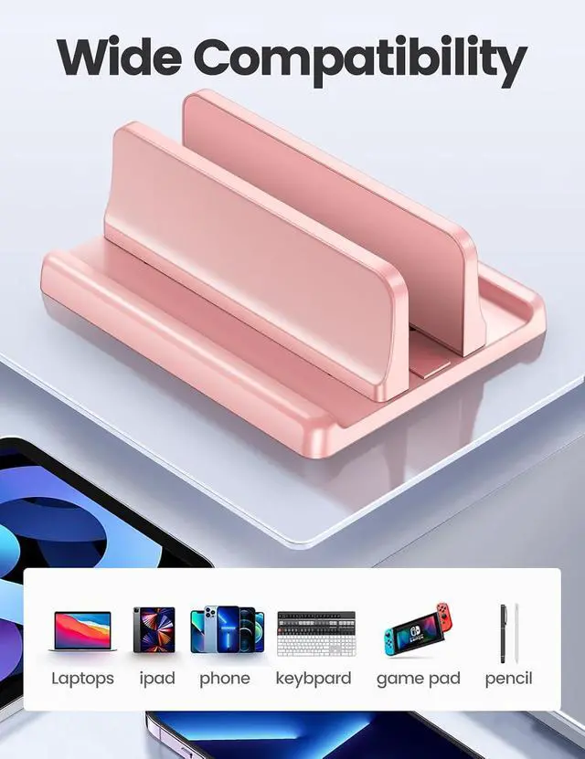 Alt view image 5 of 7 - Vertical Laptop Stand Holder Plastic Adjustable Desktop Notebook Dock Space-Saving 3 in 1 for All MacBook Pro Air, Mac, HP, Dell, Microsoft Surface, Lenovo, up to 17.3 inches (Pink)