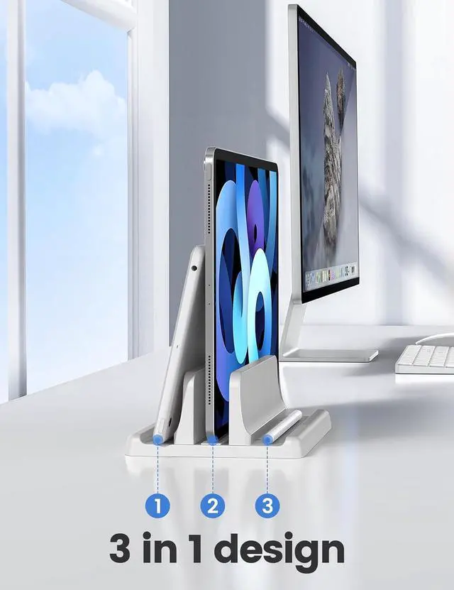 Alt view image 2 of 7 - Vertical Laptop Stand Holder Plastic Adjustable Desktop Notebook Dock Space-Saving 3 in 1 for All MacBook Pro Air, Mac, HP, Dell, Microsoft Surface, Lenovo, up to 17.3 inches (White)