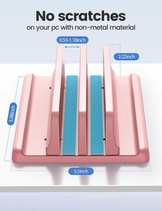 Alt view image 4 of 7 - Vertical Laptop Stand for Desk, Dual Slots Plastic Laptop Holder with Space Saving 4-in-1 Design, Adjustable Laptop Stand Supports MacBook, Chromebook, Surface, Dell (Pink)