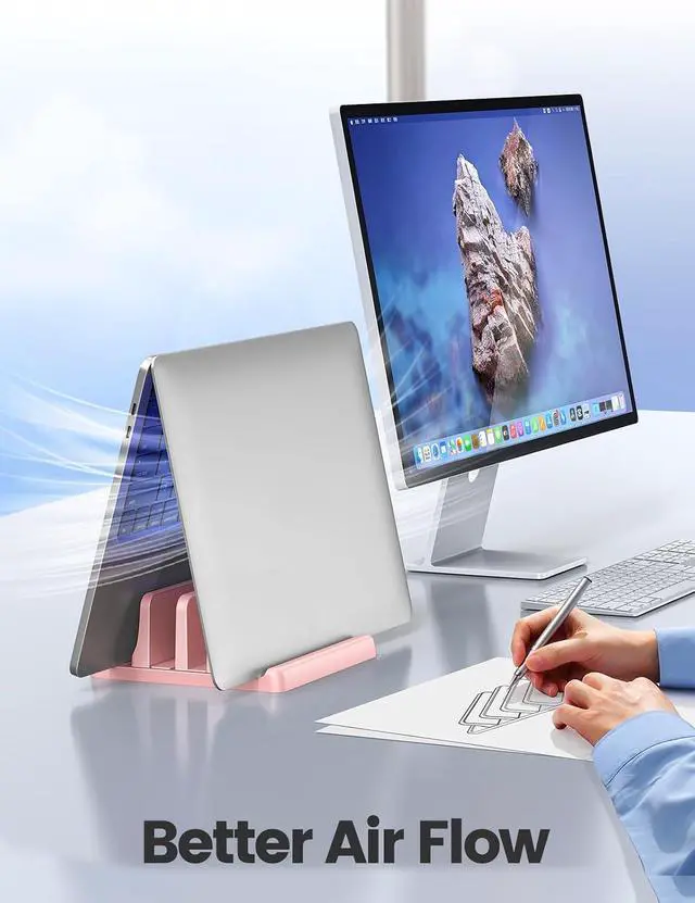 Alt view image 3 of 7 - Vertical Laptop Stand for Desk, Dual Slots Plastic Laptop Holder with Space Saving 4-in-1 Design, Adjustable Laptop Stand Supports MacBook, Chromebook, Surface, Dell (Pink)