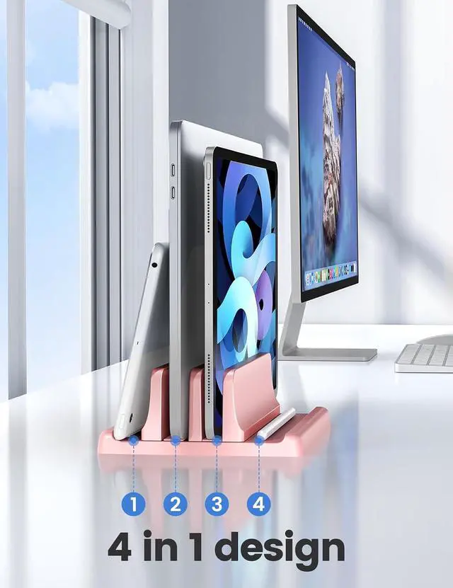 Alt view image 2 of 7 - Vertical Laptop Stand for Desk, Dual Slots Plastic Laptop Holder with Space Saving 4-in-1 Design, Adjustable Laptop Stand Supports MacBook, Chromebook, Surface, Dell (Pink)