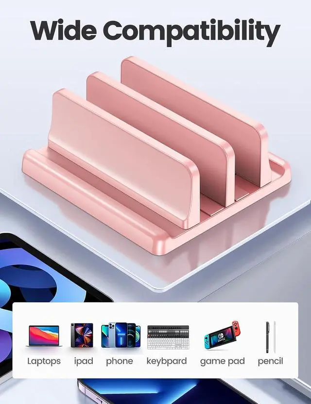 Alt view image 5 of 7 - Vertical Laptop Stand for Desk, Dual Slots Plastic Laptop Holder with Space Saving 4-in-1 Design, Adjustable Laptop Stand Supports MacBook, Chromebook, Surface, Dell (Pink)