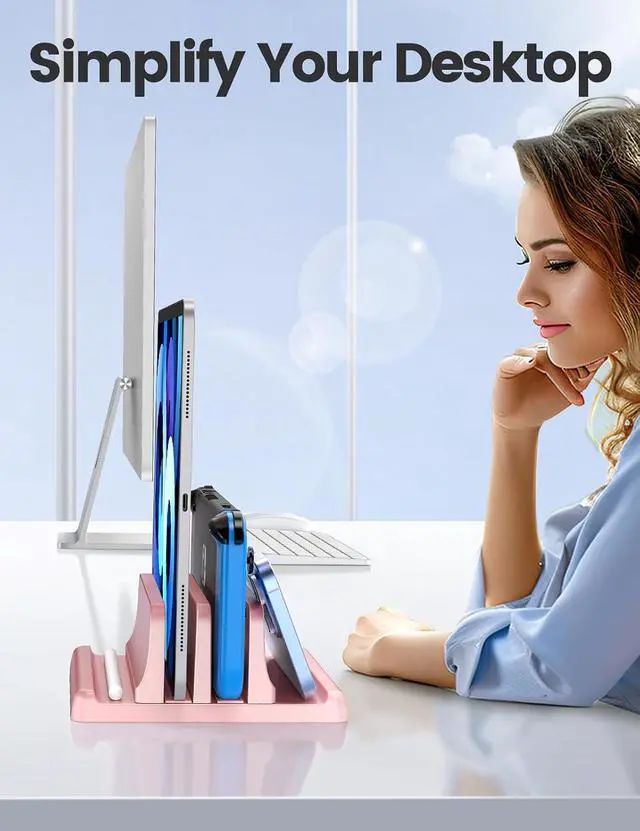 Alt view image 6 of 7 - Vertical Laptop Stand for Desk, Dual Slots Plastic Laptop Holder with Space Saving 4-in-1 Design, Adjustable Laptop Stand Supports MacBook, Chromebook, Surface, Dell (Pink)