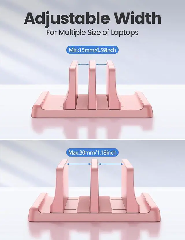 Alt view image 7 of 7 - Vertical Laptop Stand for Desk, Dual Slots Plastic Laptop Holder with Space Saving 4-in-1 Design, Adjustable Laptop Stand Supports MacBook, Chromebook, Surface, Dell (Pink)