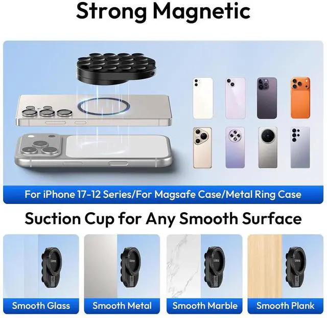 Alt view image 3 of 7 - MA39 3-in-1 Suction Magnetic Phone Holder for MagSafe, 360° Rotatable Phone Tripod Mount with Carabiner Clip, Compatible with for iPhone 17-12, Ideal for Car Dashboard, Gym, Kitchen, Office