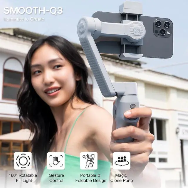 Alt view image 2 of 7 - Smooth Q3, 3-Axis Gimbal Stabilizer for Smartphone with Fill Light and Tripod, Auto Inception Dolly-Zoom Time-Lapse, Portable and Foldable, Gesture Control, Android and iPhone Gimbal