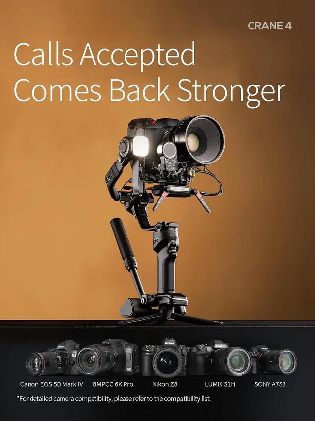 Alt view image 6 of 7 - Crane 4 Combo, 3-Axis Gimbal Stabilizer for DSLR and Mirrorless Camera, Nikon Sony Panasonic Canon Fujifilm BMPCC 6K, Fill Light, PD Fast Charge