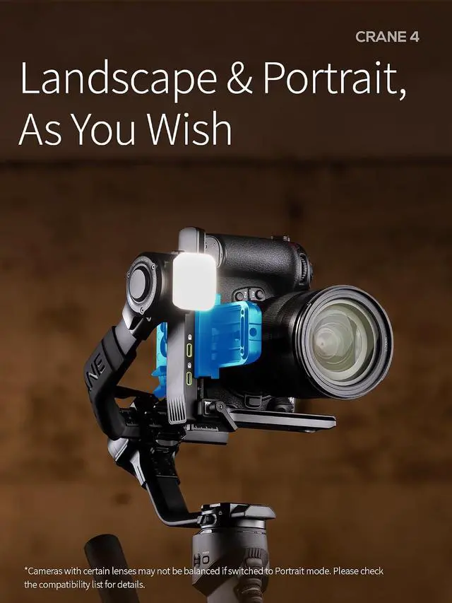 Alt view image 5 of 7 - Crane 4 Combo, 3-Axis Gimbal Stabilizer for DSLR and Mirrorless Camera, Nikon Sony Panasonic Canon Fujifilm BMPCC 6K, Fill Light, PD Fast Charge