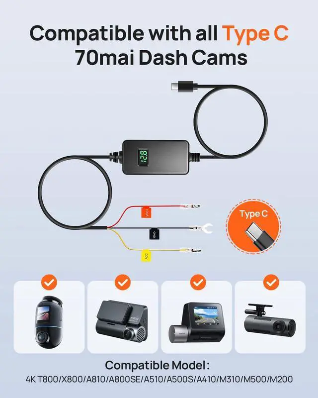 Alt view image 2 of 7 - Adjustable Hardwire Kit UP06 for Type-C Dash Cams, 3-Level Low Voltage Protection, Real-Time Voltage Display, 24H Parking Mode for M310/A510/A500S/A810/A800SE/X800/T800/ A810 Lite Car Cameras