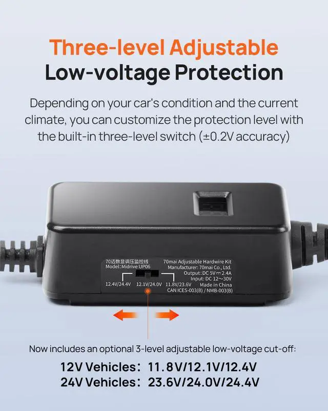 Alt view image 4 of 7 - Adjustable Hardwire Kit UP06 for Type-C Dash Cams, 3-Level Low Voltage Protection, Real-Time Voltage Display, 24H Parking Mode for M310/A510/A500S/A810/A800SE/X800/T800/ A810 Lite Car Cameras
