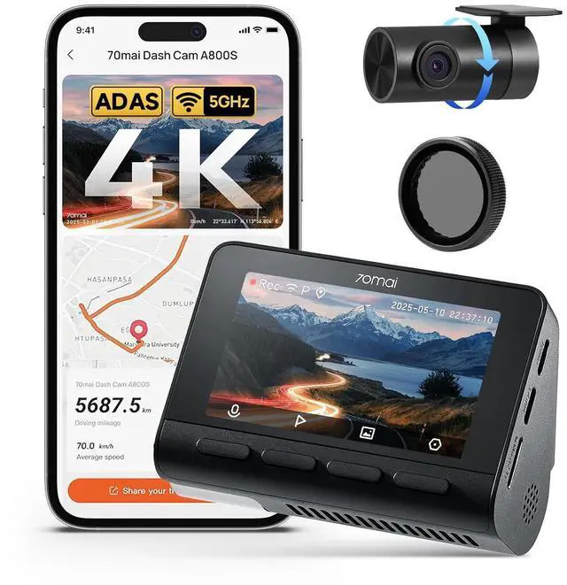 Main image of Dash Cam Front and Rear with Sony IMX415, Built in GPS, Super Night Vision, 3'' IPS LCD, 24H Parking Mode, ADAS, Loop Recording