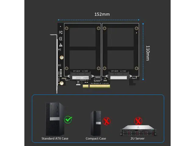 Alt view image 2 of 7 - Dual U.2 to PCIe 4.0 X8 Adapter Without PCIe Bifurcation, Setup Soft U.2 SSD RAID via OS Tool, (PCIe Bifurcation Motherboard is Required)