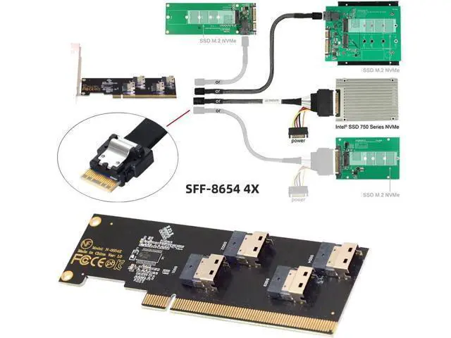 Alt view image 7 of 7 - Card Four Slimline SFF-8654 4X 4 NVME to PCIE Express 3.0 4.0 Raid Card VROC Raid0 Hyper Adapter