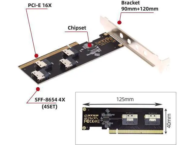 Alt view image 6 of 7 - Card Four Slimline SFF-8654 4X 4 NVME to PCIE Express 3.0 4.0 Raid Card VROC Raid0 Hyper Adapter