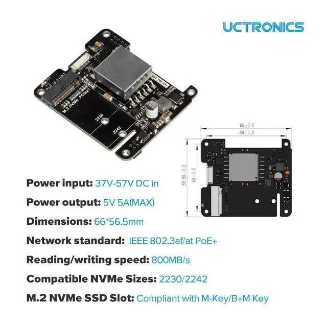 Alt view image 3 of 7 - 5V 5A NVMe PoE+ HAT for Raspberry Pi 5, PCIe to M.2 NVMe Adapter, Compatible with 2230/2242 NVMe SSDs, IEEE 802.3af/at PoE+ Power Over Ethernet