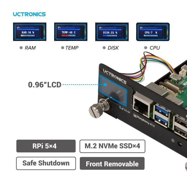 Alt view image 3 of 7 - Pi 5 Rack Pro, Raspberry Pi 5 NVMe Rack with 4 × M.2 NVMe SSD Base, PCIe to NVMe, Safe Shutdown, 0.96" Color LCD