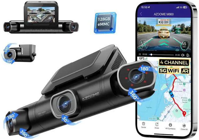 Main image of 360° 4 Channel Dash Cam Front and Rear Inside, Built-in 128GB eMMC, 2K+1080P*3 Dashcam, Left Right, Voice Control, 5G WiFi Dash Camera for Cars with 4 Adjustable Lenses, IR Night Vision, M660