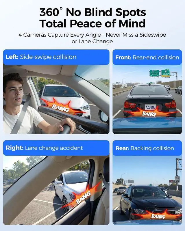 Alt view image 6 of 7 - 360° 4 Channel Dash Cam Front and Rear Inside, Built-in 128GB eMMC, 2K+1080P*3 Dashcam, Left Right, Voice Control, 5G WiFi Dash Camera for Cars with 4 Adjustable Lenses, IR Night Vision, M660
