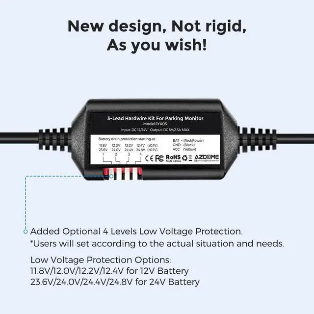 Alt view image 2 of 7 - 3-Lead Acc Hardwire Kit Type-C USB Port for M550 M01Pro PG17 GS63HPro DashCam, 12ft with Fuse Kit, Dash Camera Convert 12V-24V to Output 5V/2.5A Max, 24H Parking Mode, Low Voltage Protection