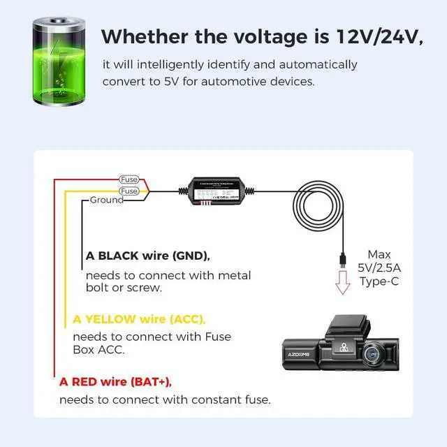 Alt view image 5 of 7 - 3-Lead Acc Hardwire Kit Type-C USB Port for M550 M01Pro PG17 GS63HPro DashCam, 12ft with Fuse Kit, Dash Camera Convert 12V-24V to Output 5V/2.5A Max, 24H Parking Mode, Low Voltage Protection