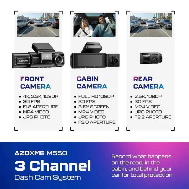 Alt view image 2 of 7 - M550 3CH Dash Cam 4K - 3.19" Screen IR Night Vision - 24H Parking Mode - 3-Channel Dash Cam - Interior IR Camera - Built-in GPS & WiFi - Three-Mode Parking Monitor