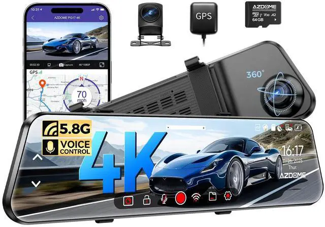 Main image of PG17 2CH Mirror Dash Cam 4K - 12" Touch Screen - 24H Parking Mode - Mirror Dash Cam - Minimize Blind Spots - Built-in GPS & WiFi - Reverse Assist - Supports Voice Command