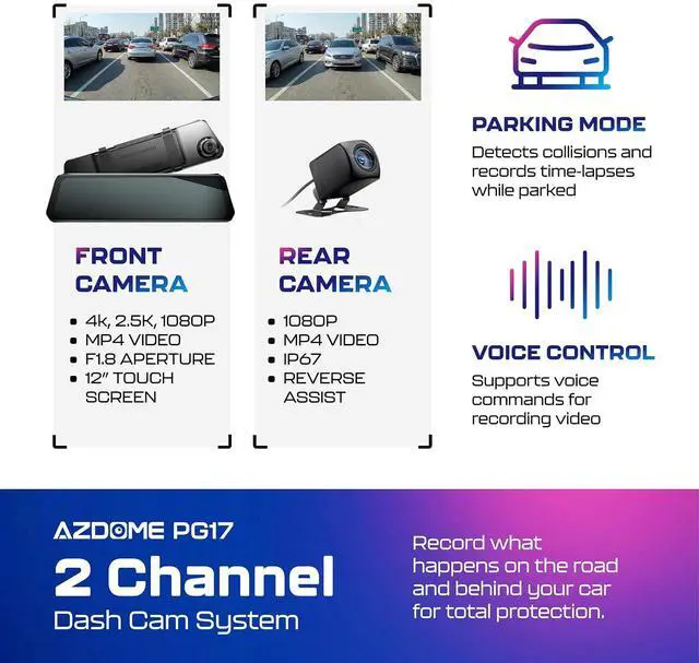 Alt view image 2 of 7 - PG17 2CH Mirror Dash Cam 4K - 12" Touch Screen - 24H Parking Mode - Mirror Dash Cam - Minimize Blind Spots - Built-in GPS & WiFi - Reverse Assist - Supports Voice Command