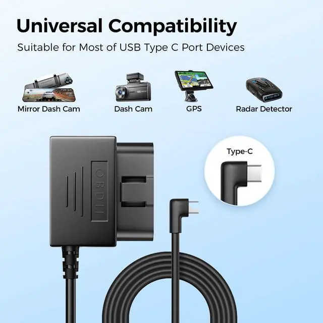 Alt view image 6 of 6 - Type C Port OBD Hardwire Kit for Dash Cam, Easy to Install, Support Parking Mode, 11FT 12V-24V to 5V Power Cable for Car Camera with Type C Port, Low Voltage Protection (Matte Black)