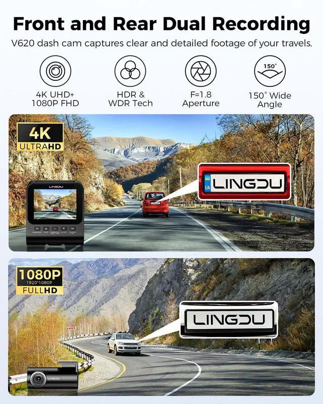 Alt view image 2 of 7 - 4K Dash Cam Front and Rear, WiFi6 Dash Camera for Cars, HDR Dashcam with Voice Control ADAS GPS, Night Vision, Motion Detection 24H Parking Mode, Advanced Timeline Playback APP, 64GB Card Included