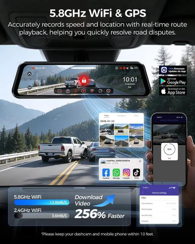 Alt view image 6 of 7 - 4K+4K Mirror Dash Cam Front and Rear with AR effects, ADAS Rear View Mirror Camera, STARVIS 2 12" Rearview Mirror Dashcam with Dual HDR, 5.8GHz WiFi, Voice Control, GPS, 128GB Card (PG17 Ultra)