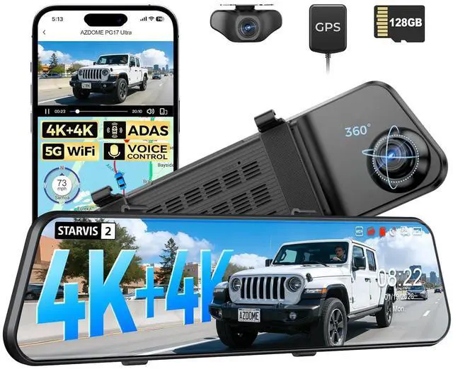 Main image of 4K+4K Mirror Dash Cam Front and Rear with AR effects, ADAS Rear View Mirror Camera, STARVIS 2 12" Rearview Mirror Dashcam with Dual HDR, 5.8GHz WiFi, Voice Control, GPS, 128GB Card (PG17 Ultra)