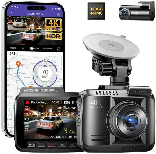 Main image of 4K HDR Dash Cam with No-Light Full-Color Night Vision, 128GB eMMC, ADAS, 4K+1080P Dashcam Front and Rear, 5GHz WiFi GPS 24H Parking Mode Car Camera, GS63Pro