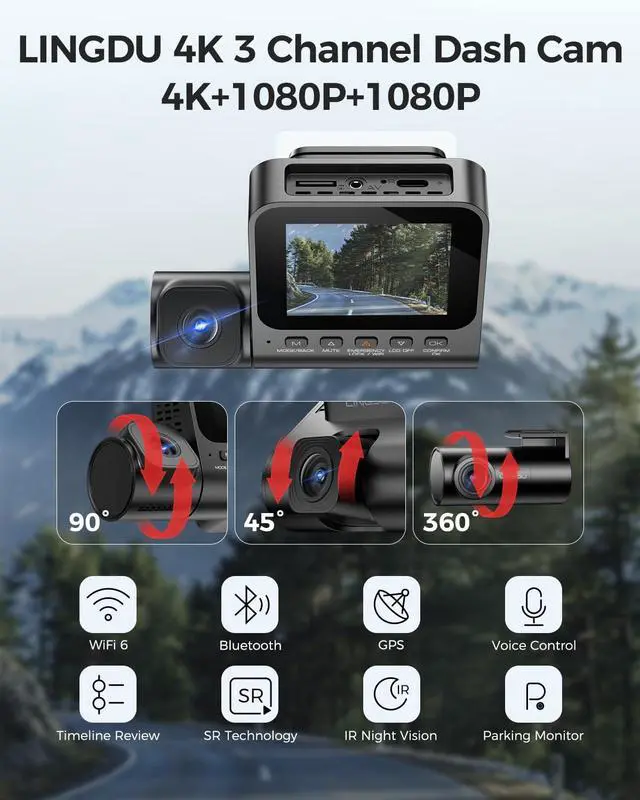Alt view image 2 of 7 - 3 Channel 4K Dash Cam, Dash Camera for Cars, 4K+1080P+1080P Front Inside and Rear Triple Car Camera, Built-in WiFi 6 GPS, 24H Parking Mode, WDR Night Vision, Free 64GB Card V630 Dash Cam