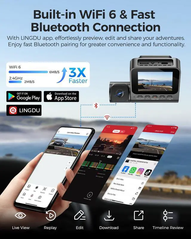 Alt view image 4 of 7 - 3 Channel 4K Dash Cam, Dash Camera for Cars, 4K+1080P+1080P Front Inside and Rear Triple Car Camera, Built-in WiFi 6 GPS, 24H Parking Mode, WDR Night Vision, Free 64GB Card V630 Dash Cam