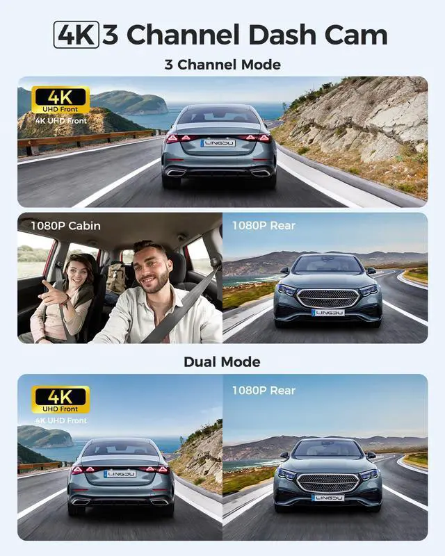 Alt view image 3 of 7 - 3 Channel 4K Dash Cam, Dash Camera for Cars, 4K+1080P+1080P Front Inside and Rear Triple Car Camera, Built-in WiFi 6 GPS, 24H Parking Mode, WDR Night Vision, Free 64GB Card V630 Dash Cam
