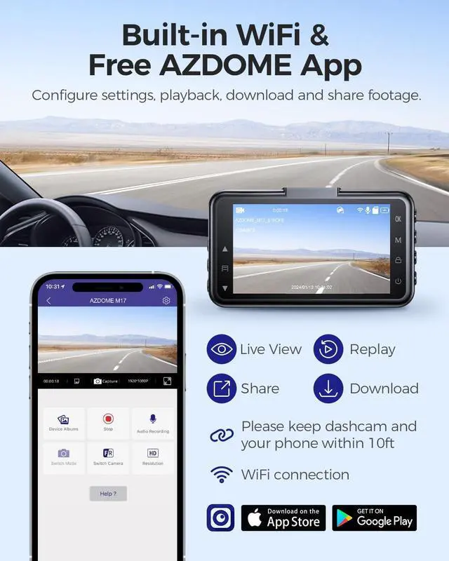 Alt view image 3 of 7 - Front WiFi Dash Cam 1296P HD with 3" LCD Screen, Dashboard Camera with 150° Wide Angle, Night Vision, ADAS, G-Sensor, Loop Recording, 24/7 Parking Mode, Supports 128GB SD Card (M17)